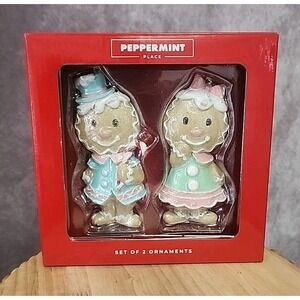 Gingerbread Boy & Girl Christmas Ornaments Pastel Pink Blue‎ Glitter 2 Pc 5.5"